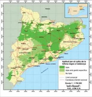 potential area for truffle farming map for catalonia 2007